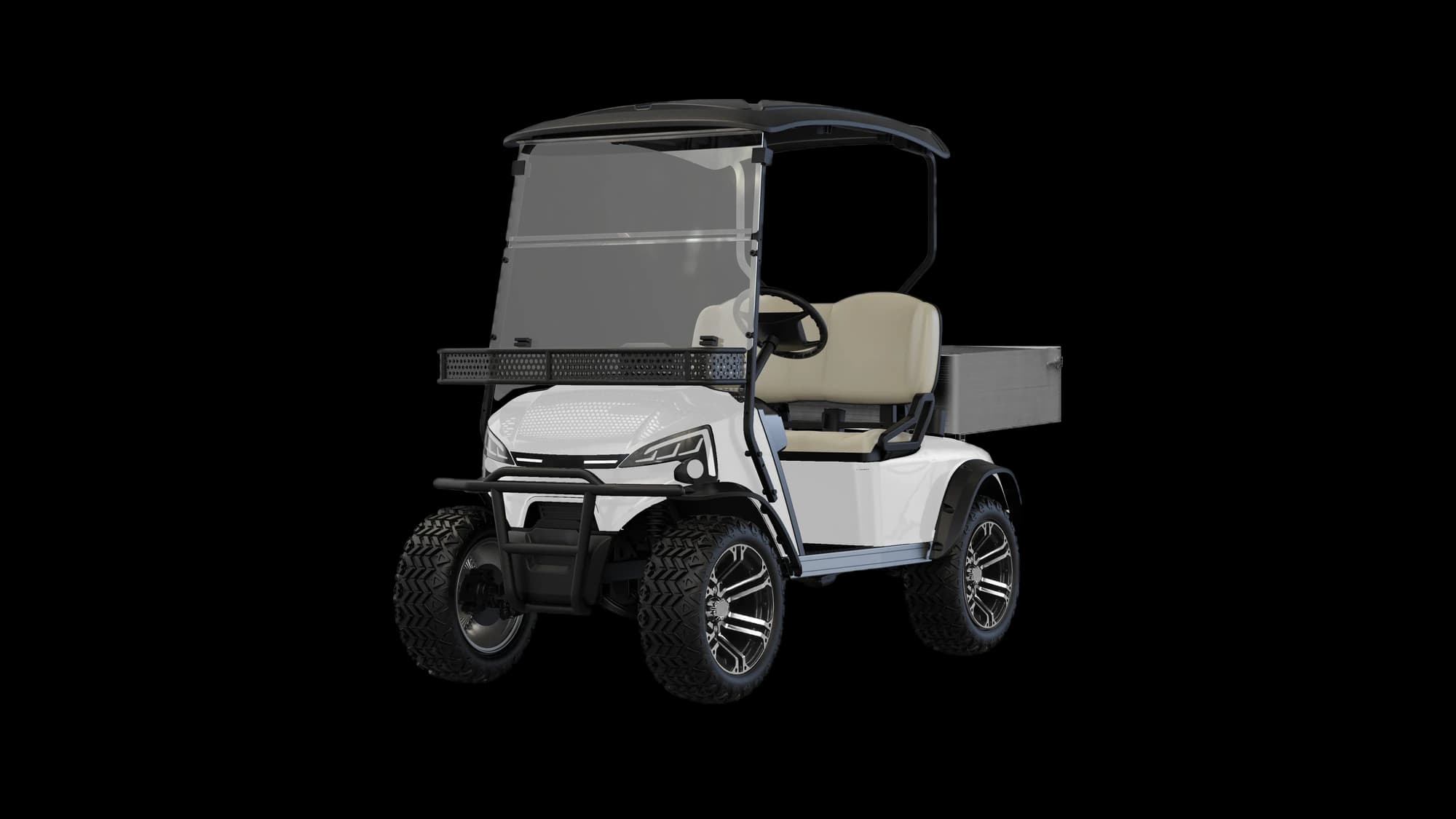 Hawke J2 Utility 2-seater lifted lithium utility buggy with cargo box, front three-quarter view