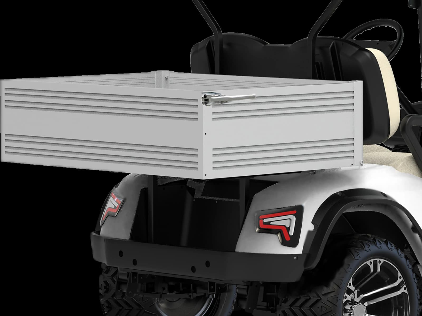 Hawke J2 Utility 2-seater lifted lithium utility buggy with cargo box, detail of the aluminium cargo box behind the seats