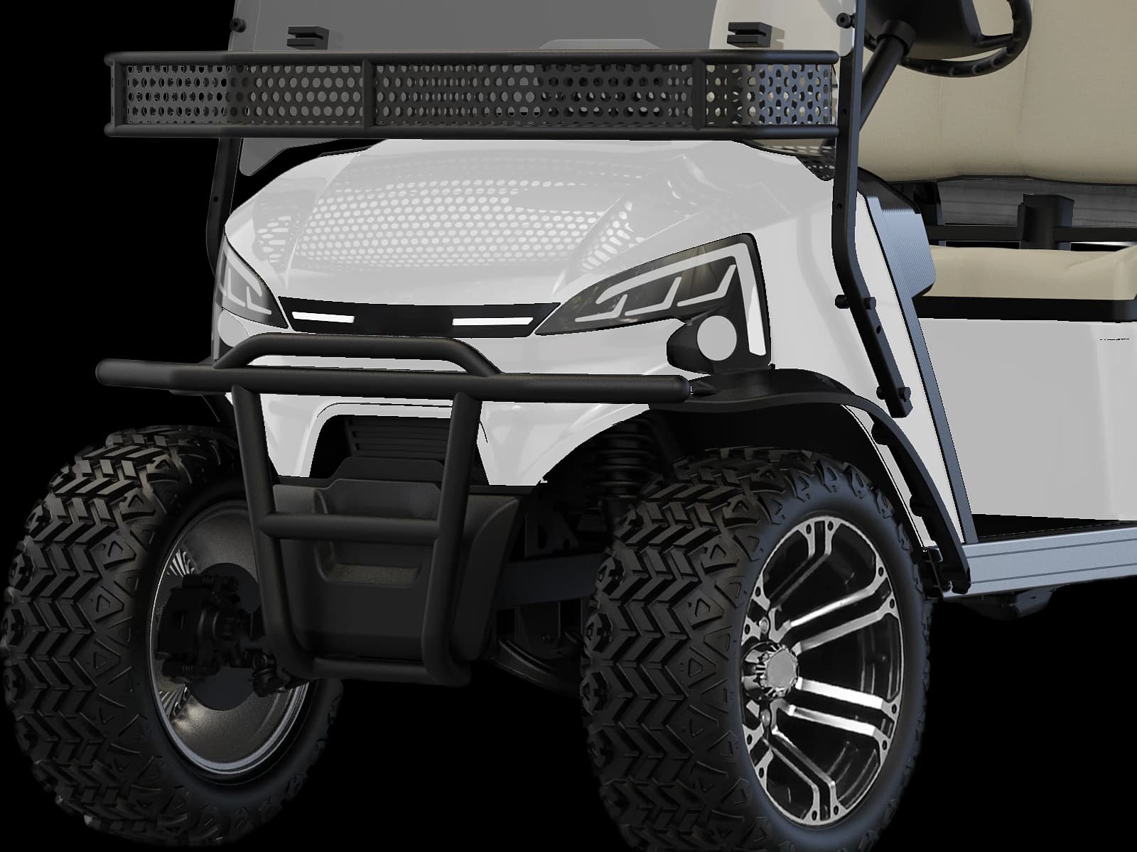 Hawke J2 Utility 2-seater lifted lithium utility buggy with cargo box, detail of the lifted front suspension, front brush guard and all-terrain tyres