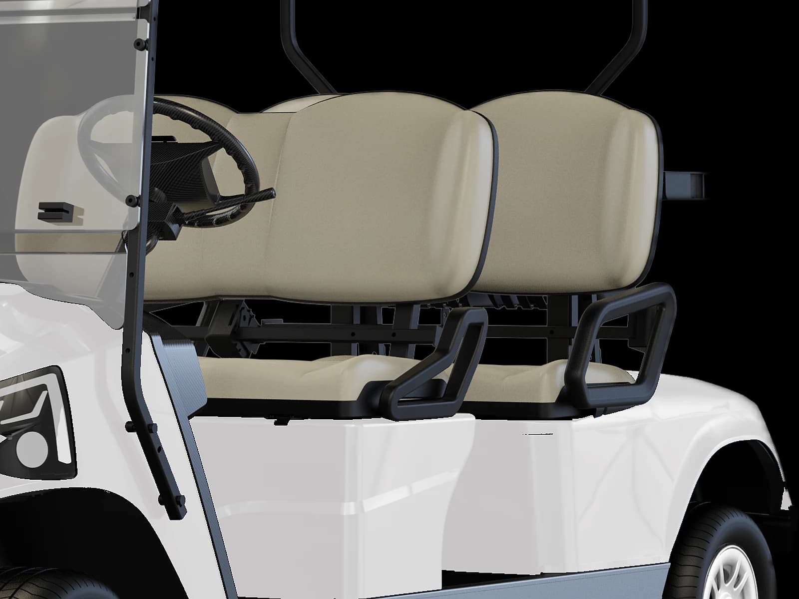 Hawke J4 4-seater lithium electric golf buggy, detail of the two rows of seats and the steering wheel