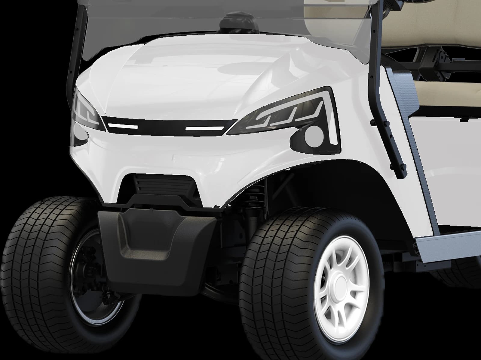 Hawke J4 4-seater lithium electric golf buggy, detail of the LED headlights and front wheels
