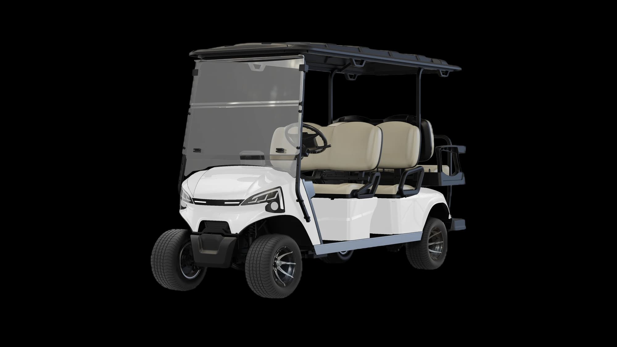 Hawke J4+2 6-seater lithium electric golf buggy with flip seat, front three-quarter view