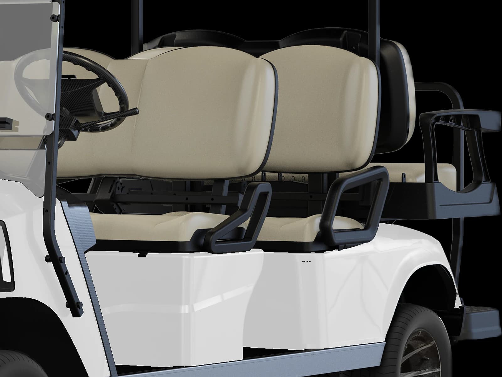 Hawke J4+2 6-seater lithium electric golf buggy with flip seat, detail of the two rows of seats and the rear-facing flip seat