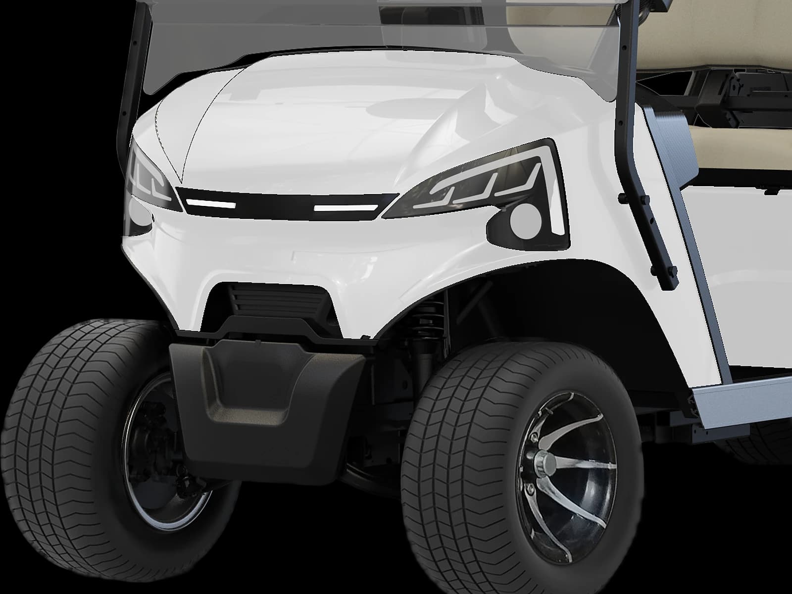 Hawke J4+2 6-seater lithium electric golf buggy with flip seat, detail of the LED headlights and 12 inch alloy wheels