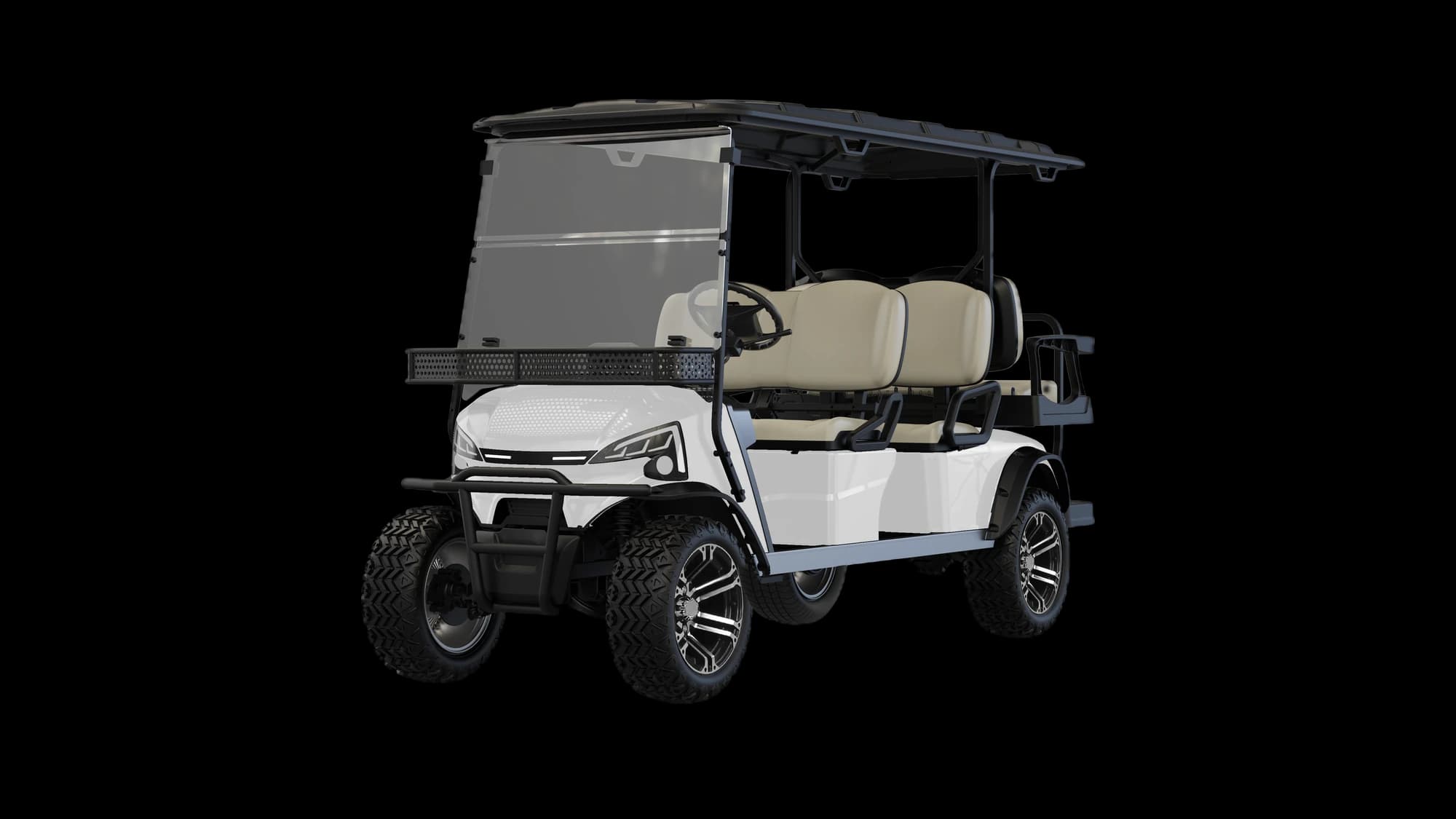 Hawke J4+2 Lifted 6-seater lifted lithium off-road buggy, front three-quarter view