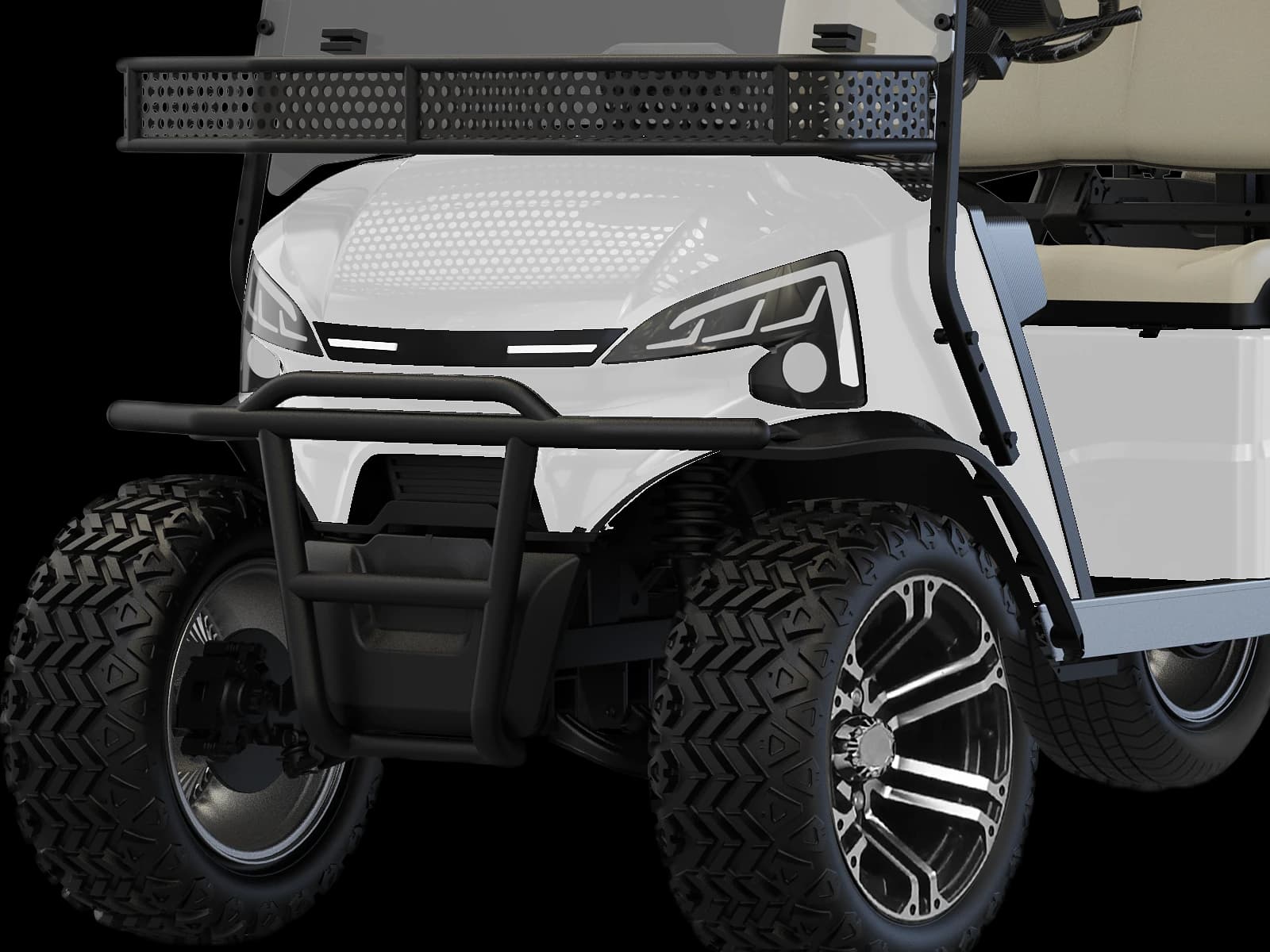 Hawke J4+2 Lifted 6-seater lifted lithium off-road buggy, detail of the lifted front suspension, front brush guard and all-terrain tyres