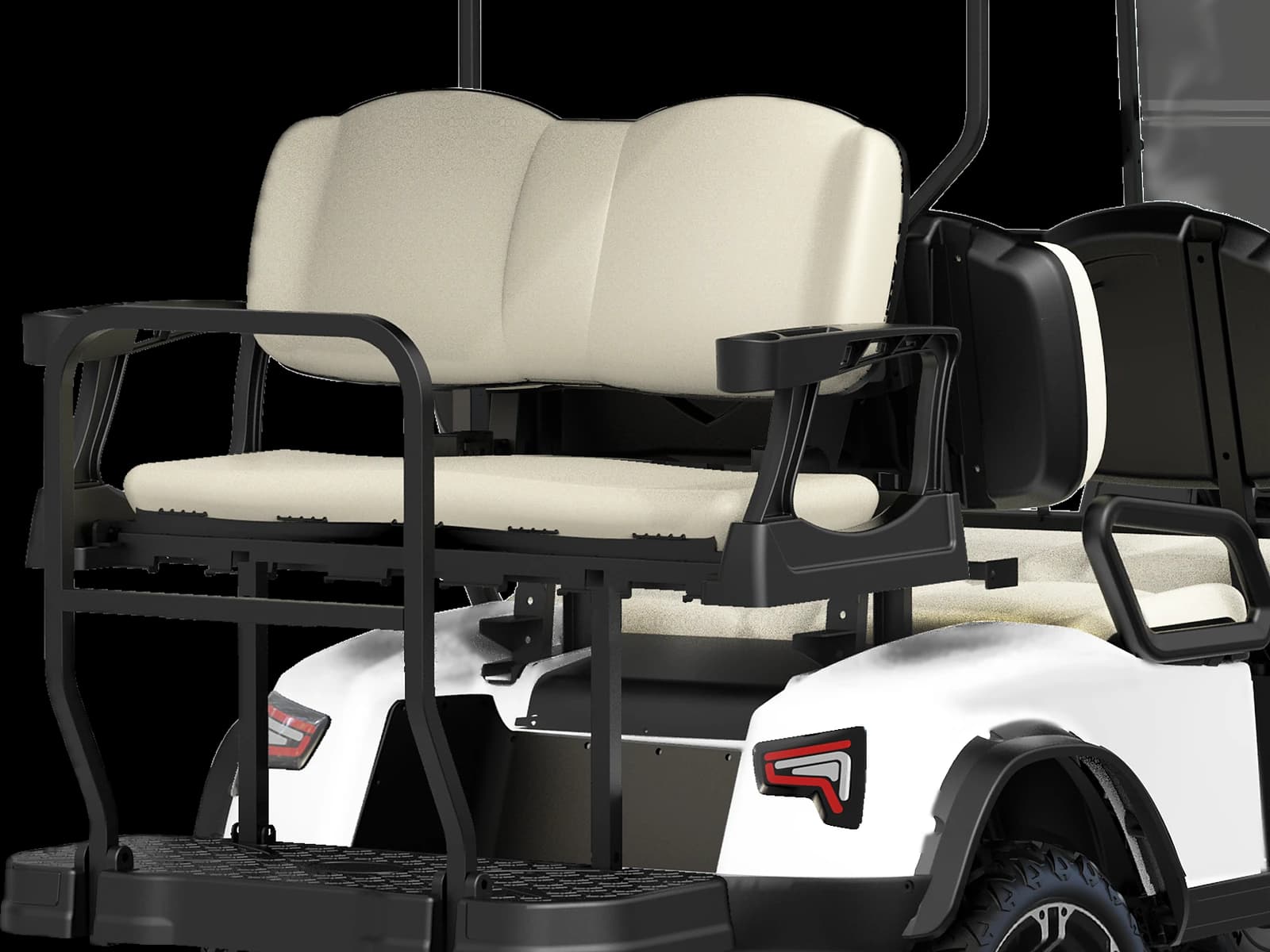Hawke J4+2 Lifted 6-seater lifted lithium off-road buggy, detail of the folding rear bench with its grab rails and step