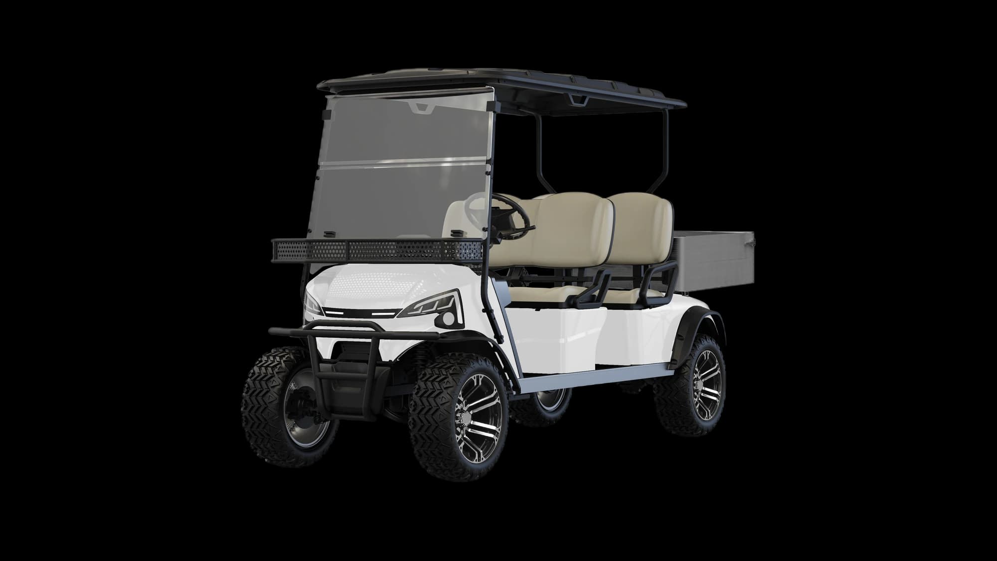 Hawke J4 Utility 4-seater lifted lithium utility buggy with cargo box, front three-quarter view