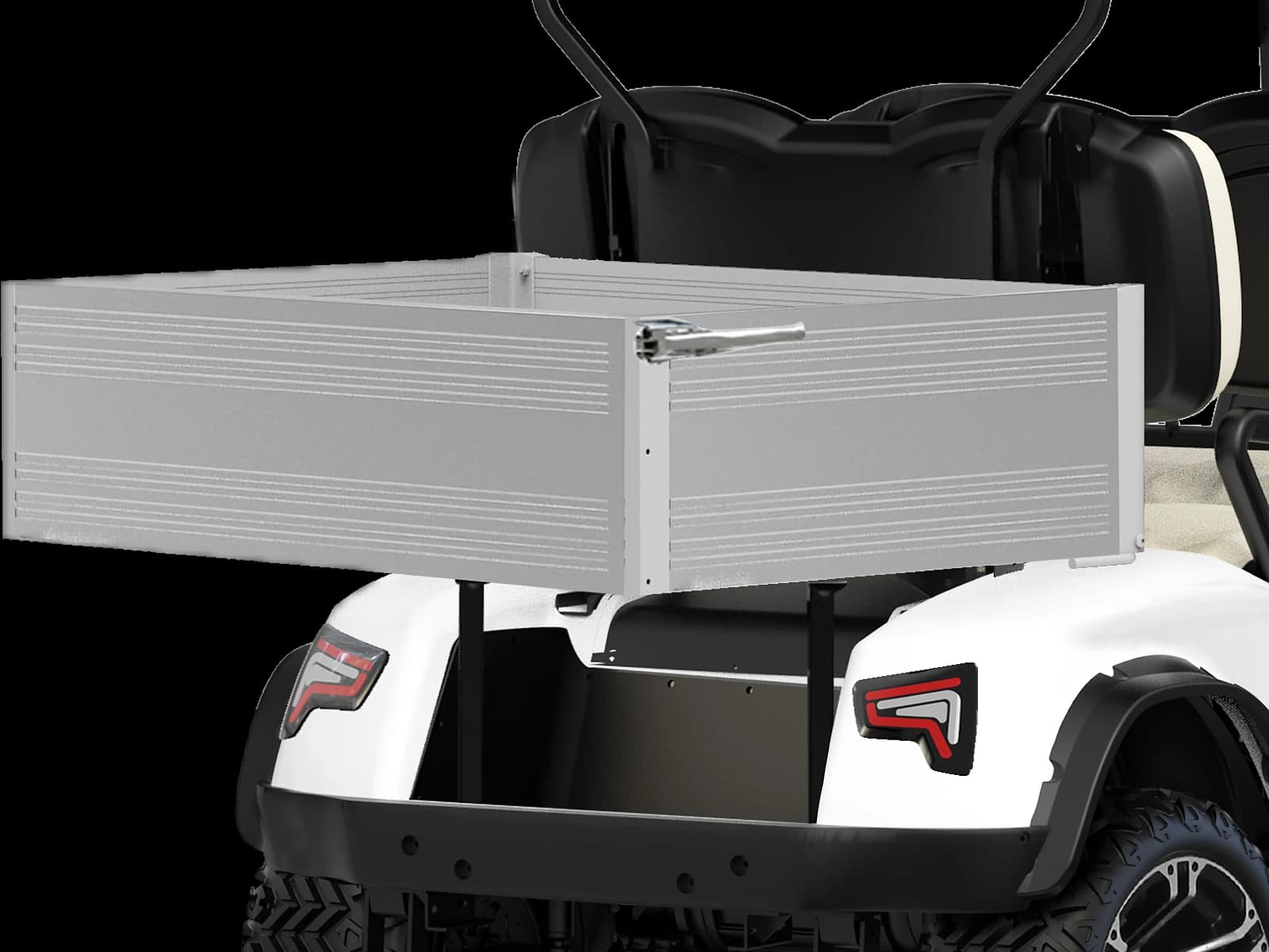 Hawke J4 Utility 4-seater lifted lithium utility buggy with cargo box, detail of the aluminium cargo box behind the second row