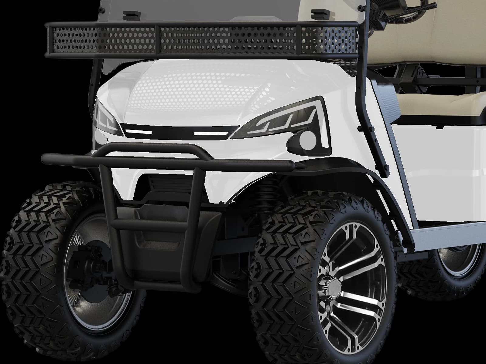Hawke J4 Utility 4-seater lifted lithium utility buggy with cargo box, detail of the lifted front suspension, front brush guard and all-terrain tyres