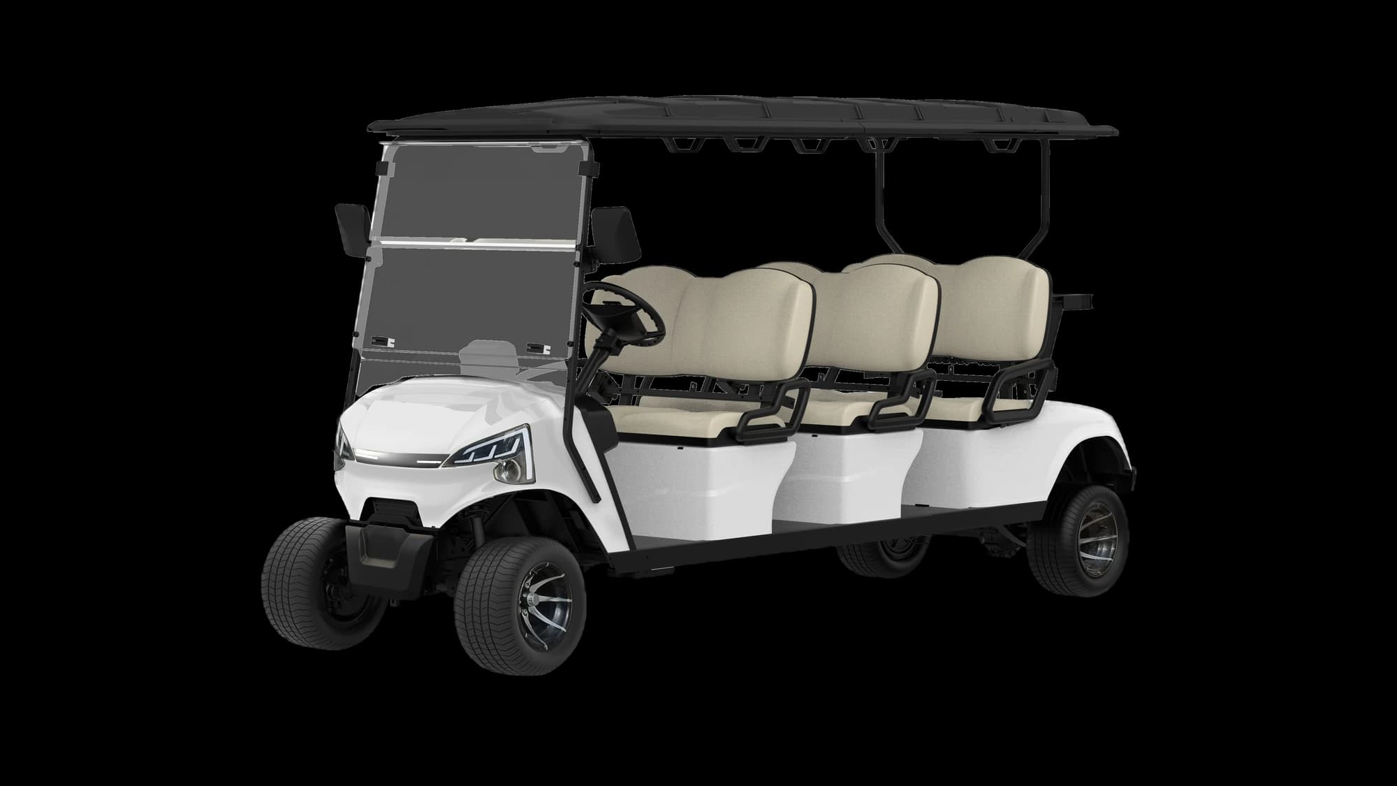 Hawke J6 6-seater lithium electric golf buggy, front three-quarter view