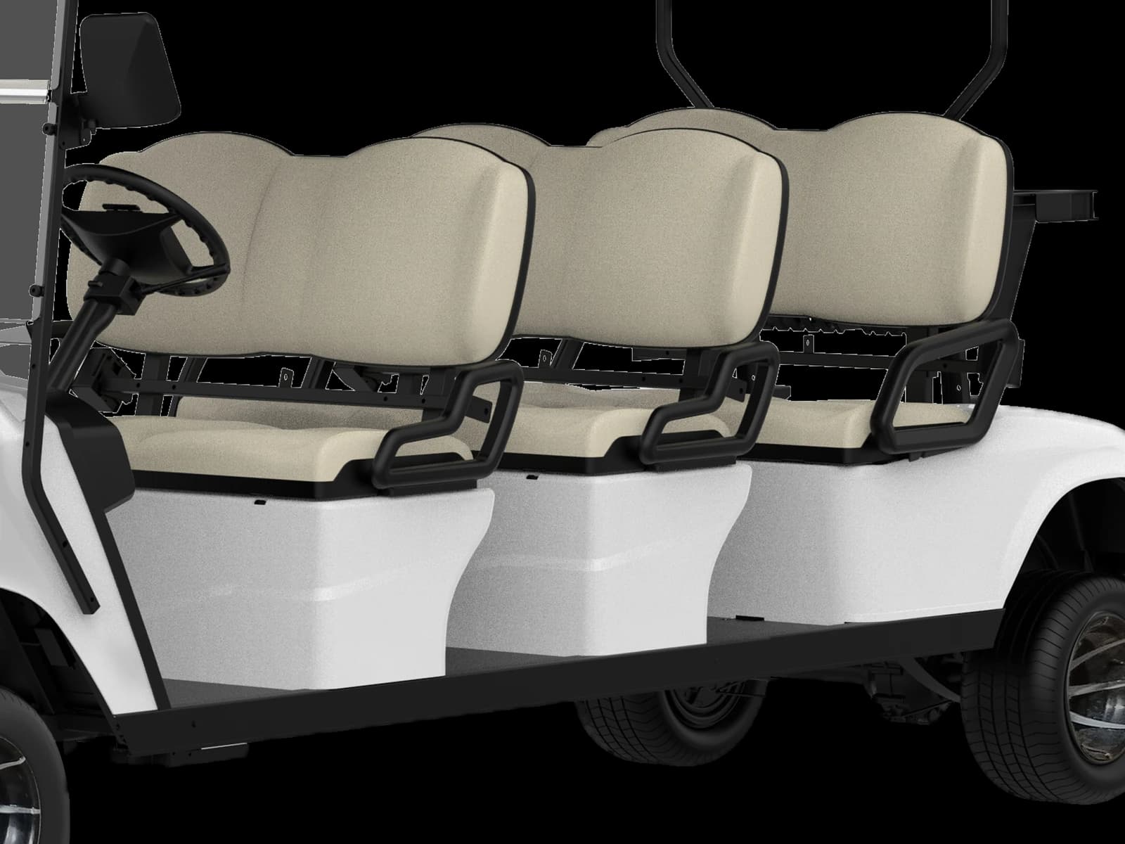 Hawke J6 6-seater lithium electric golf buggy, detail of the three forward-facing rows of seats