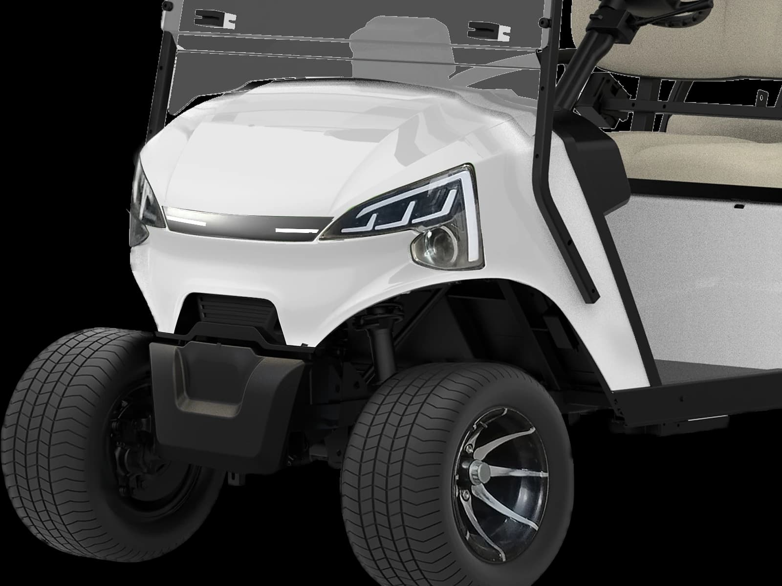Hawke J6 6-seater lithium electric golf buggy, detail of the LED headlights and 12 inch alloy wheels