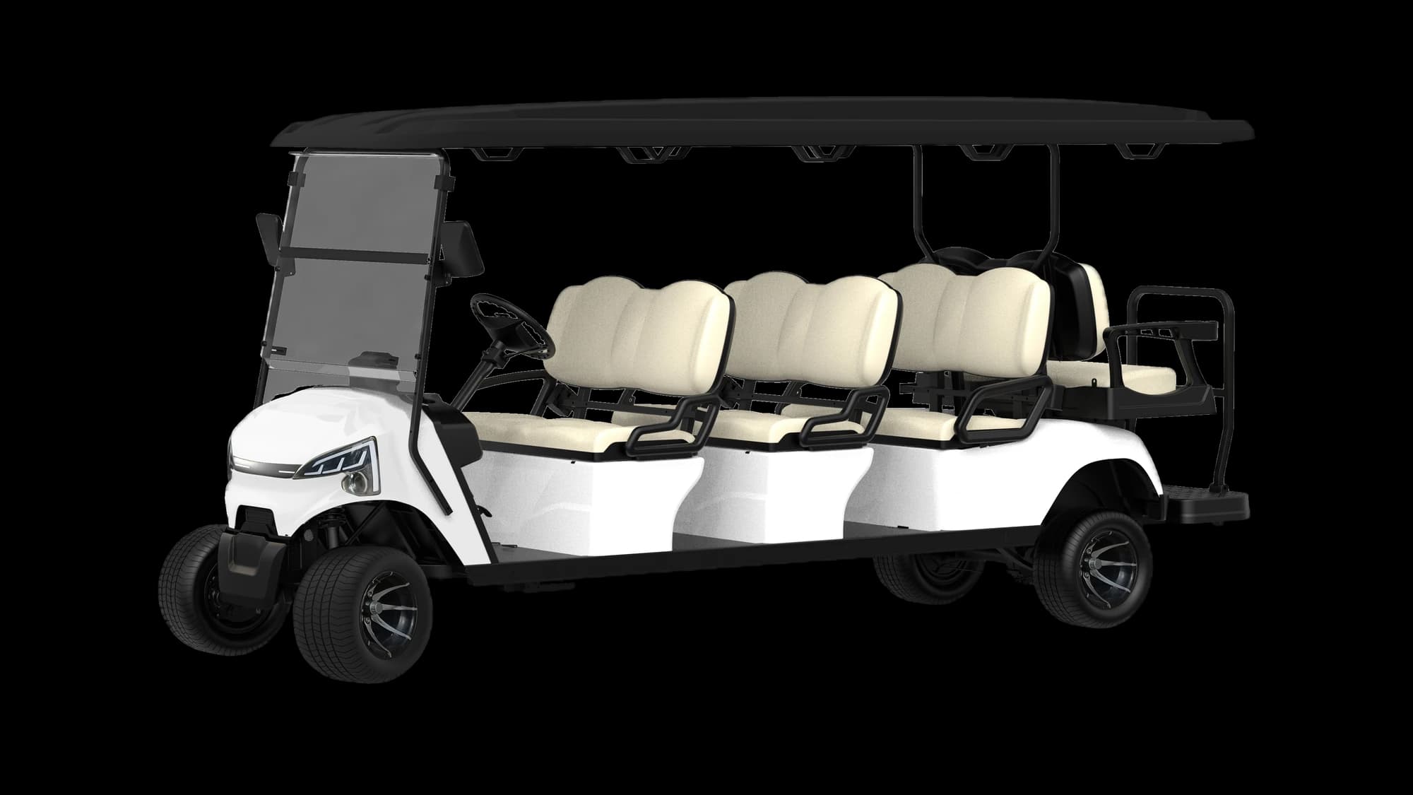 Hawke J6+2 8-seater lithium electric golf buggy with flip seat, front three-quarter view