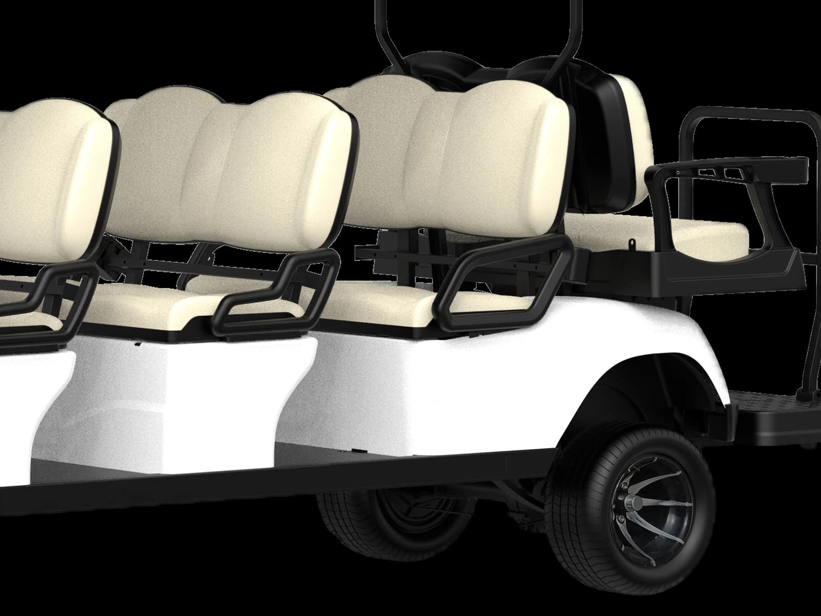 Hawke J6+2 8-seater lithium electric golf buggy with flip seat, detail of the rear rows of seats and the rear-facing flip seat