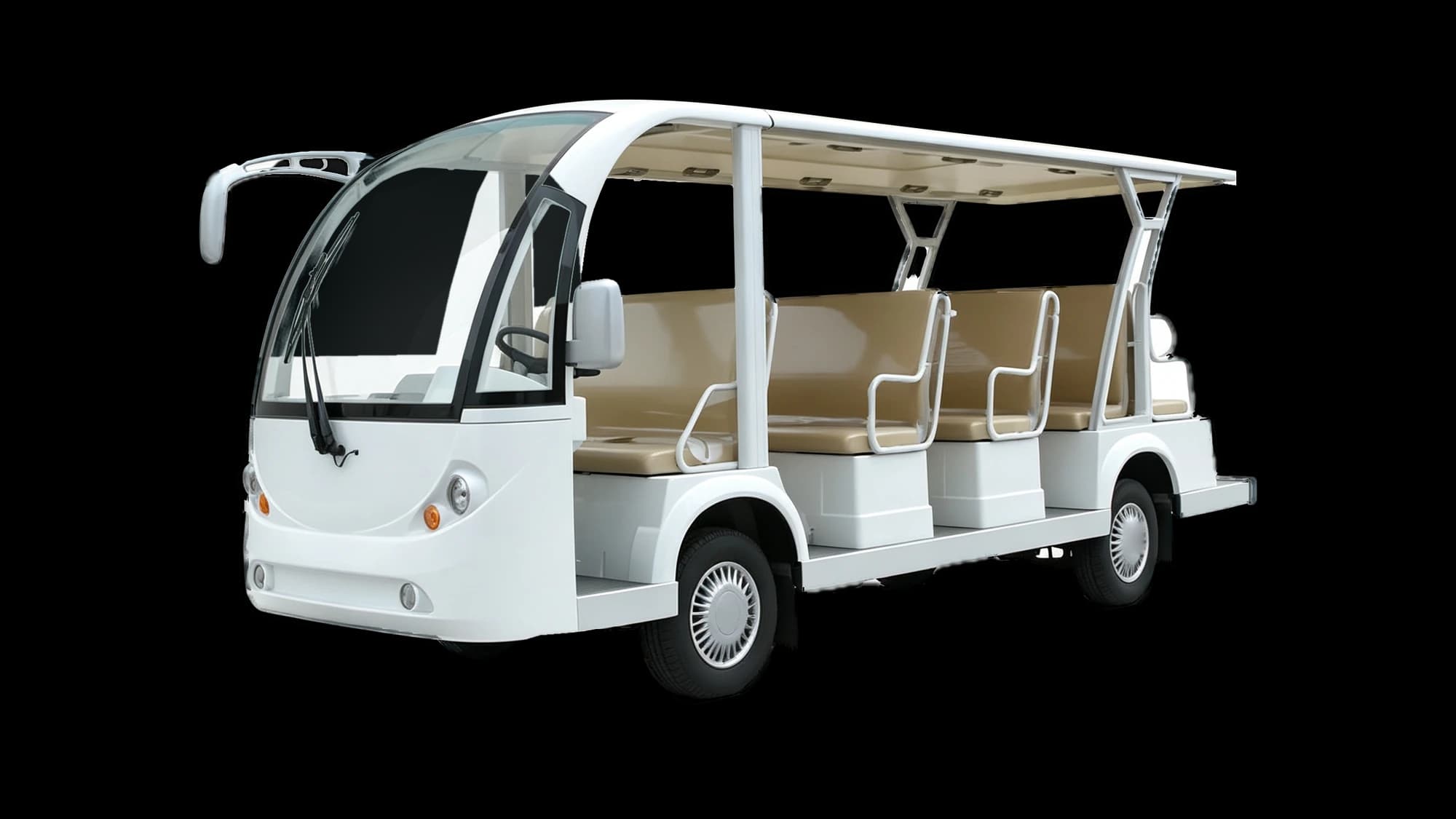 Hawke P14 14-passenger electric shuttle bus, front three-quarter view