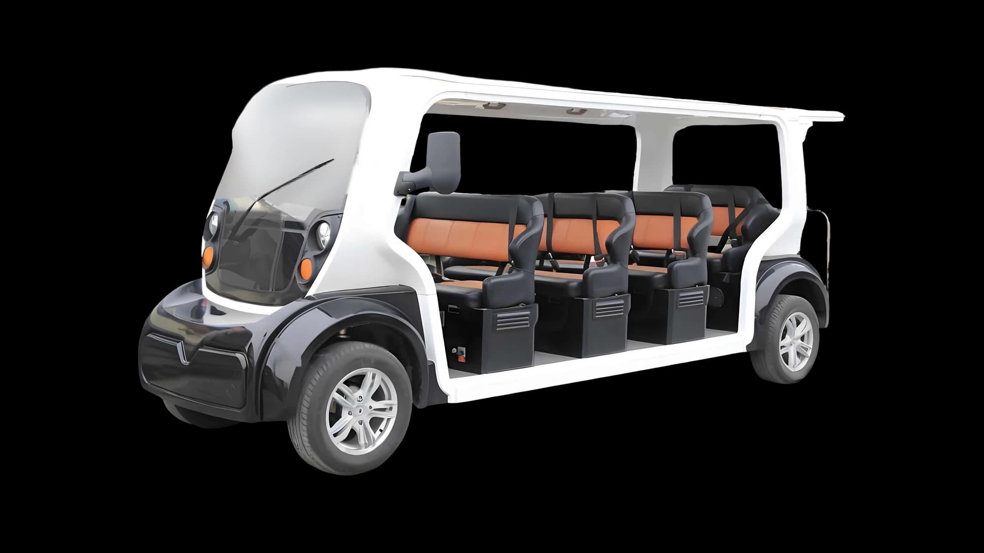 Hawke P14 Tour 14-passenger electric sightseeing bus, front three-quarter view