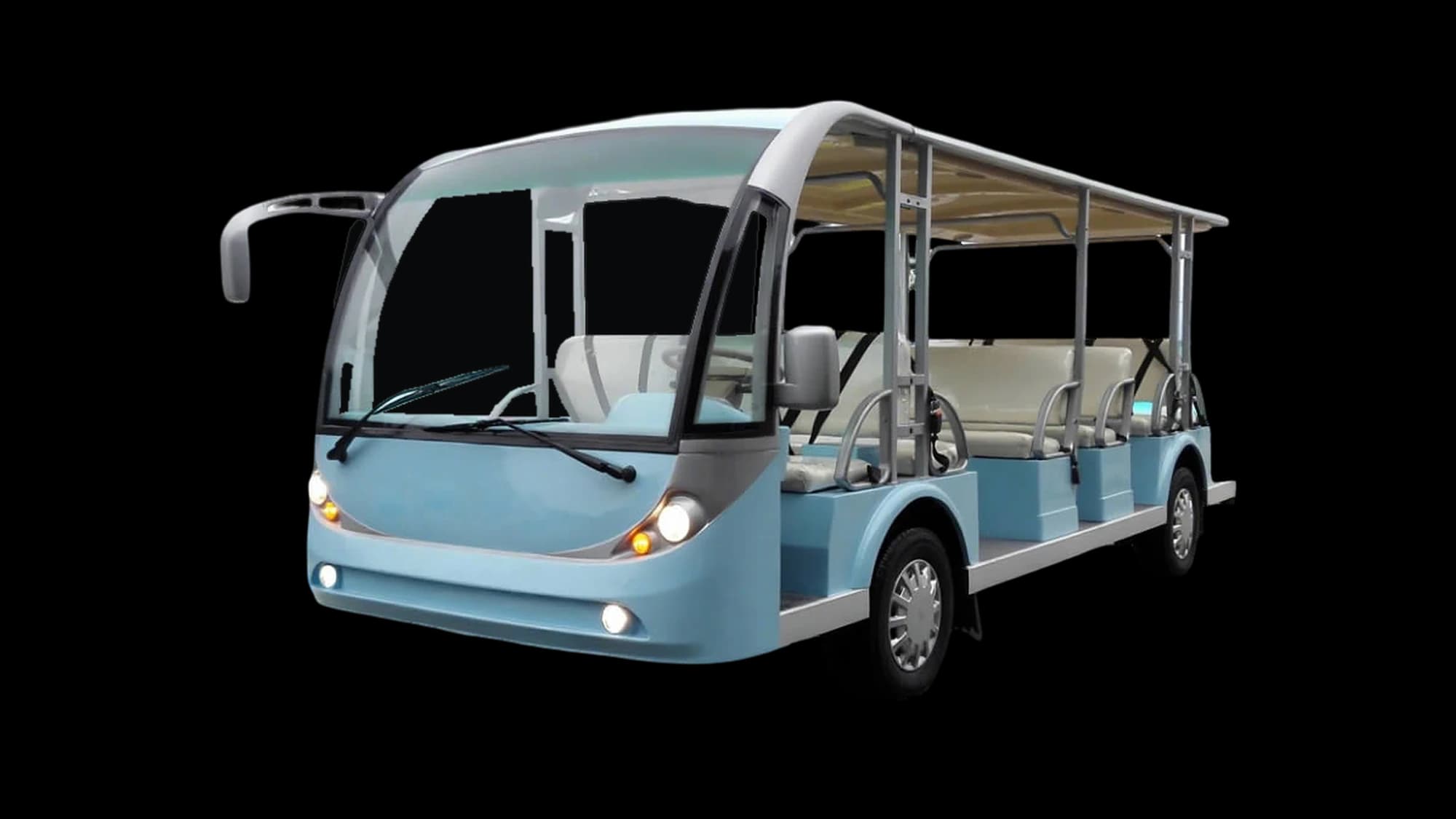 Hawke P23 23-passenger open electric sightseeing bus, front three-quarter view