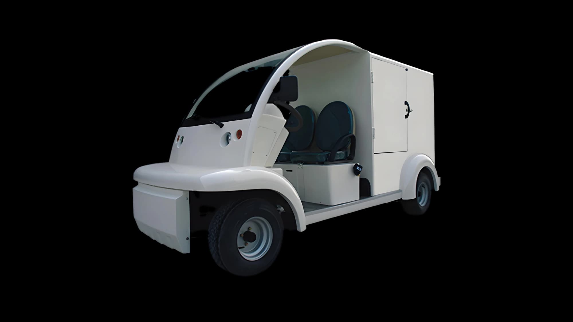 Hawke S2 Box 2-seater electric buggy with enclosed cargo cabin, front three-quarter view