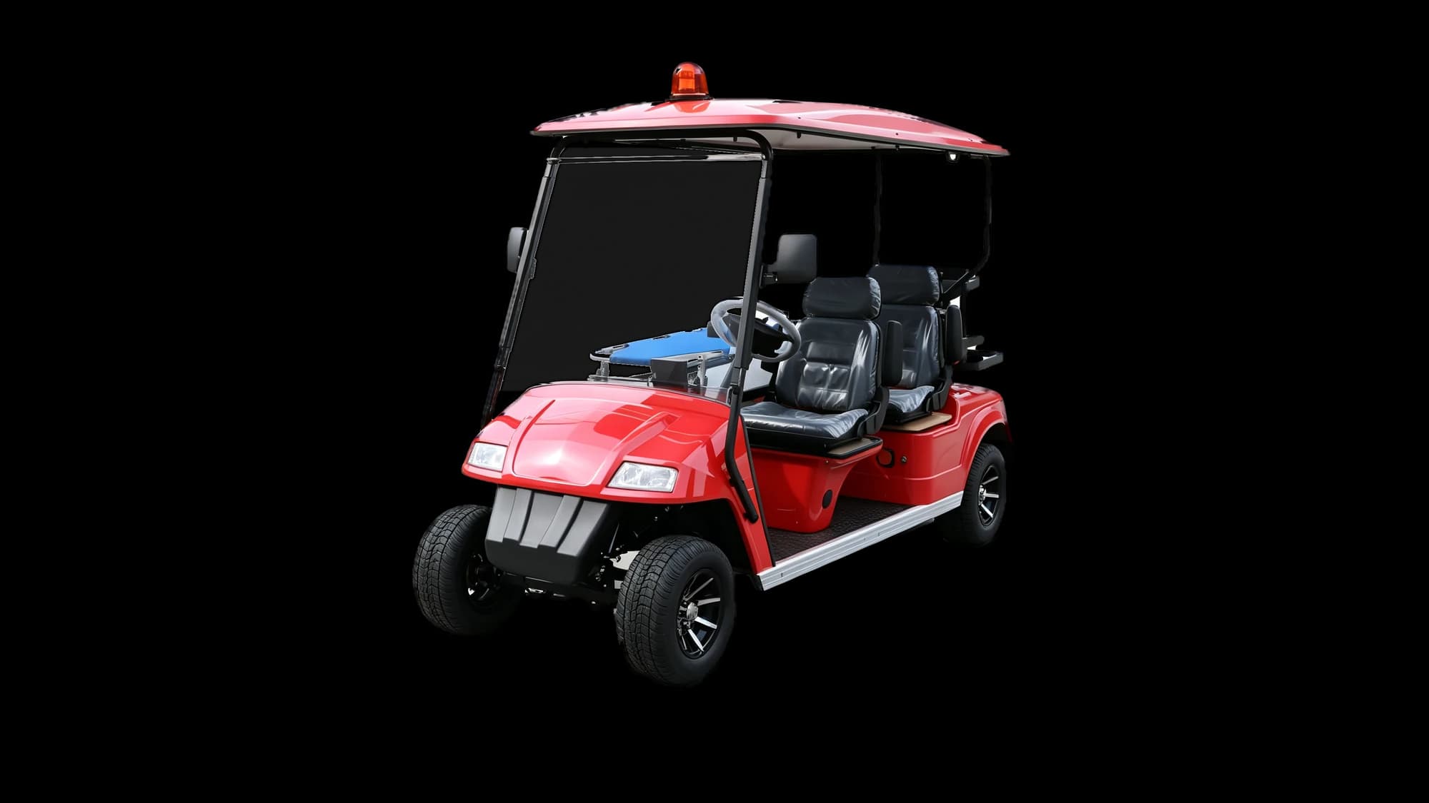 Hawke S2 Medic 2-seater electric ambulance buggy with stretcher bed, front three-quarter view