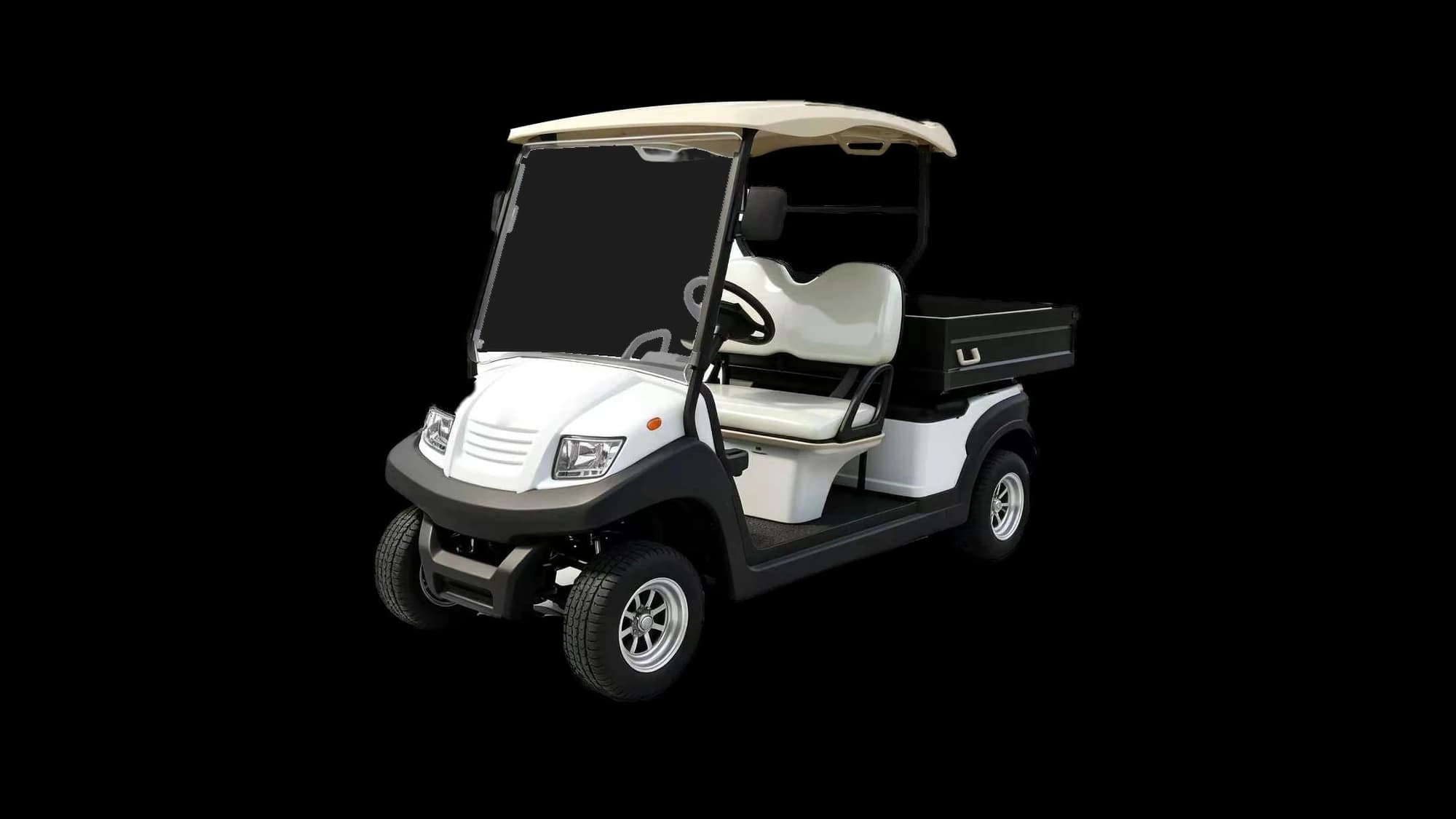 Hawke S2 Pickup 2-passenger electric pickup cart with cargo bed, front three-quarter view