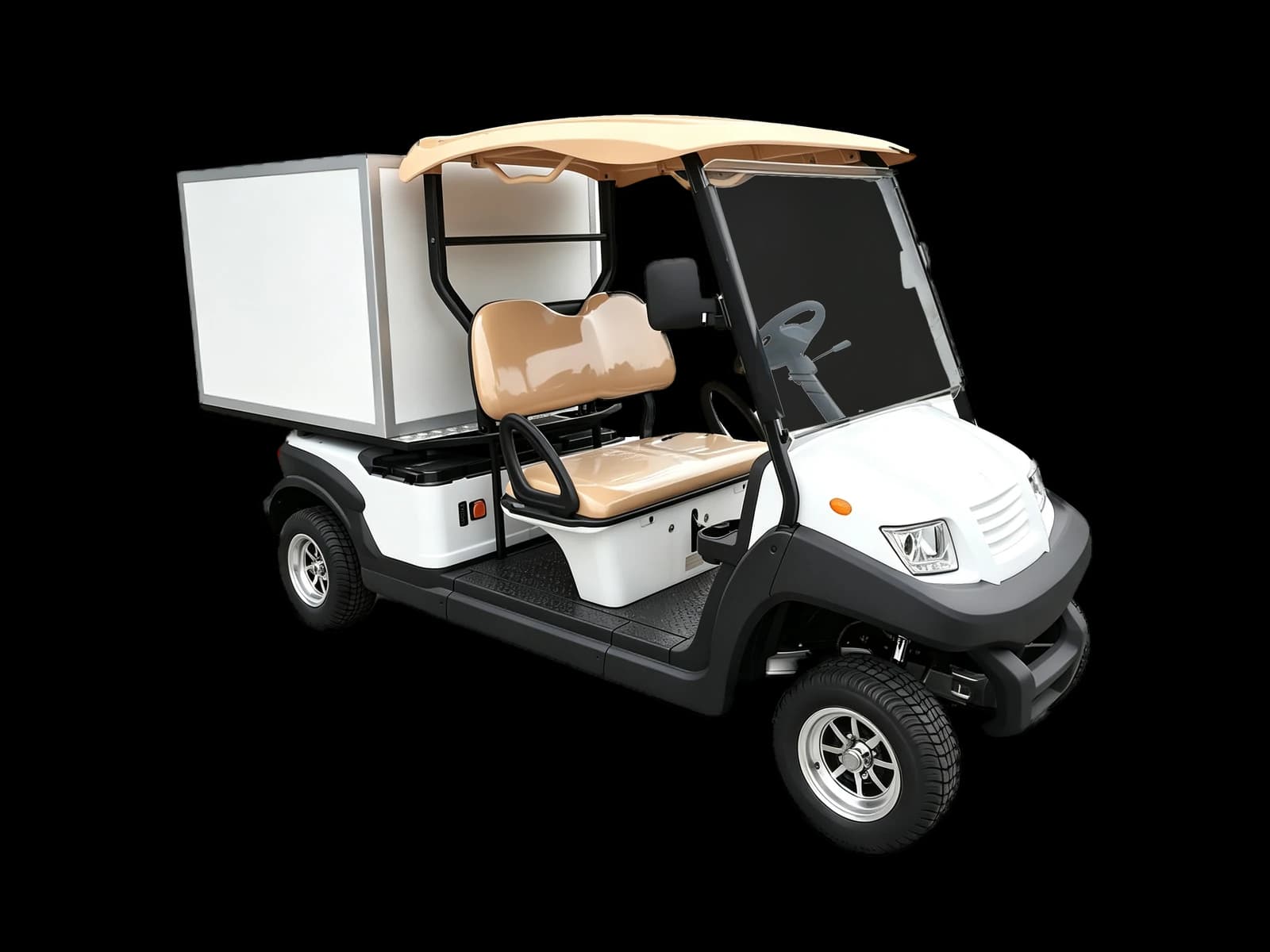 Hawke S2 Serve 2-passenger electric food & beverage cart, front three-quarter view from the passenger side