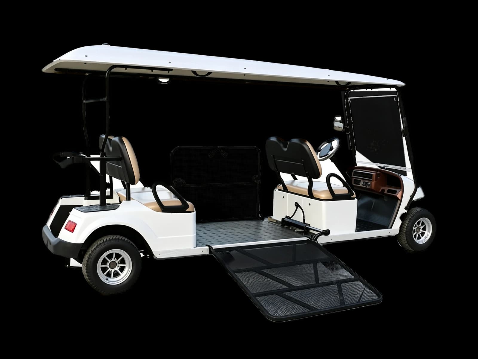 Hawke S4 Access wheelchair-accessible 4-passenger electric cart, rear three-quarter view with the access ramp lowered