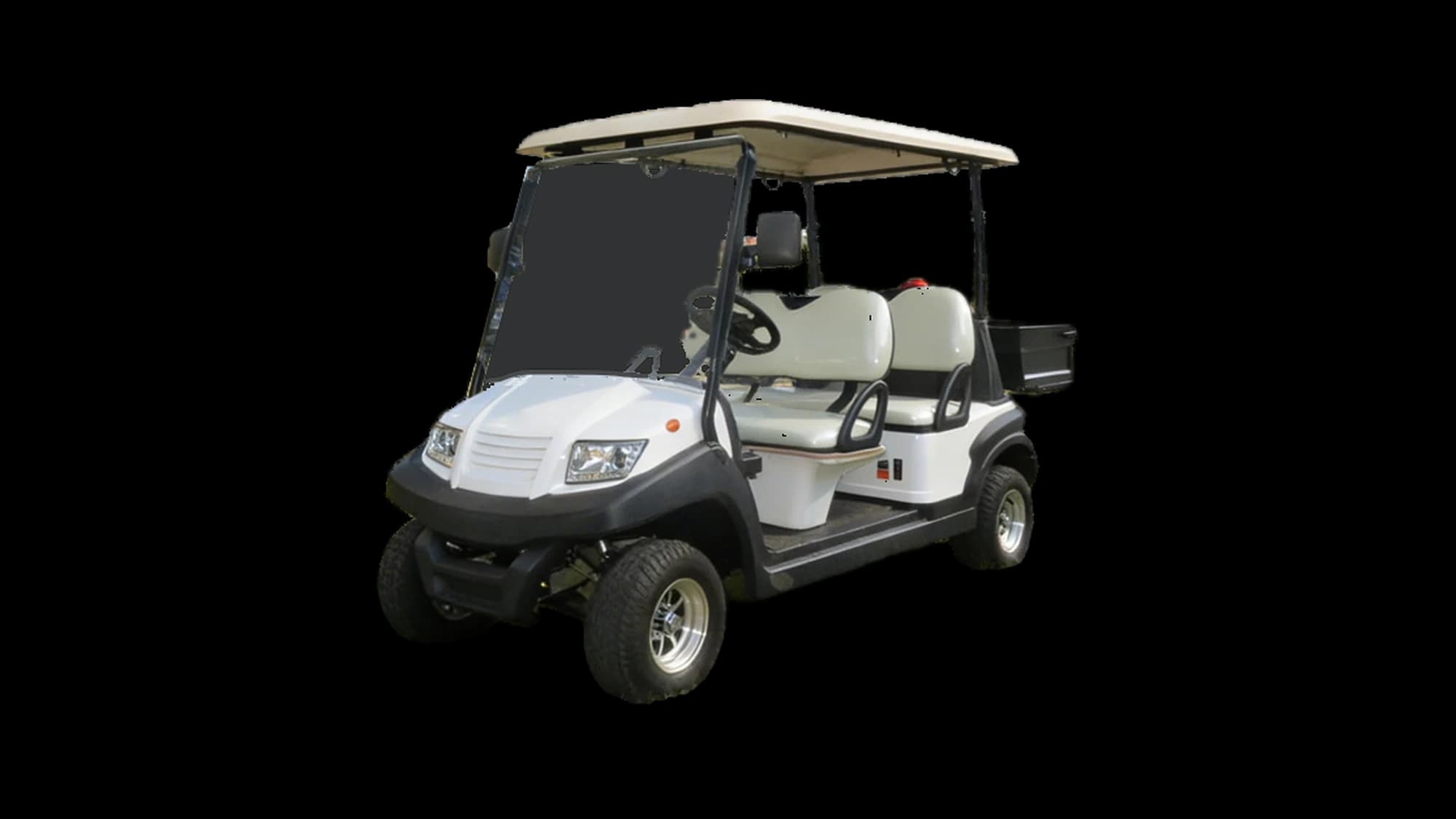 Hawke S4 Cargo 4-passenger electric golf cart with cargo box, front three-quarter view
