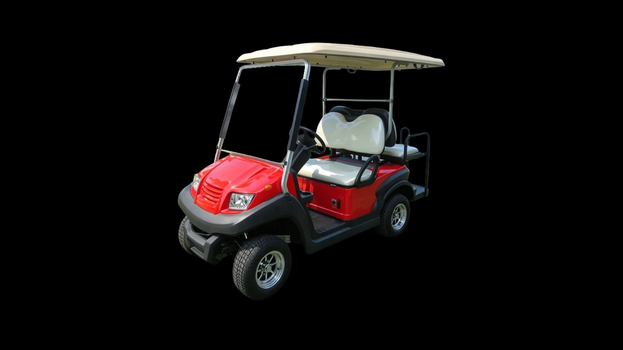Hawke S4 Flip 4-passenger electric golf cart with flip seat, front three-quarter view