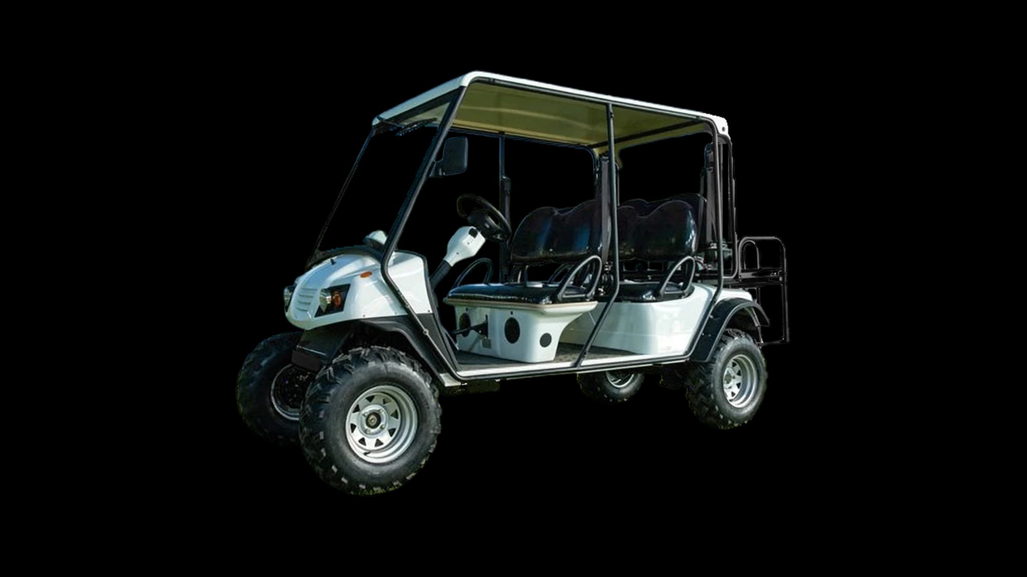 Hawke S4 Trail XL 4-passenger off-road electric cart, long wheelbase, front three-quarter view