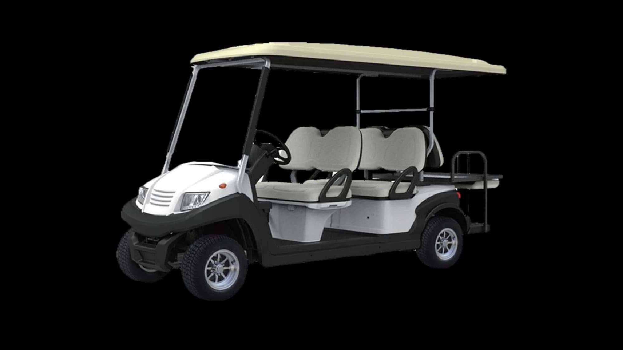 Hawke S6 Flip 6-passenger electric golf cart with flip seat, front three-quarter view