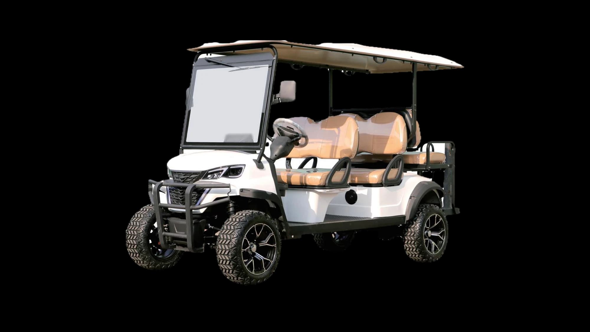 Hawke S6 Lift lifted 6-passenger utility cart, front three-quarter view