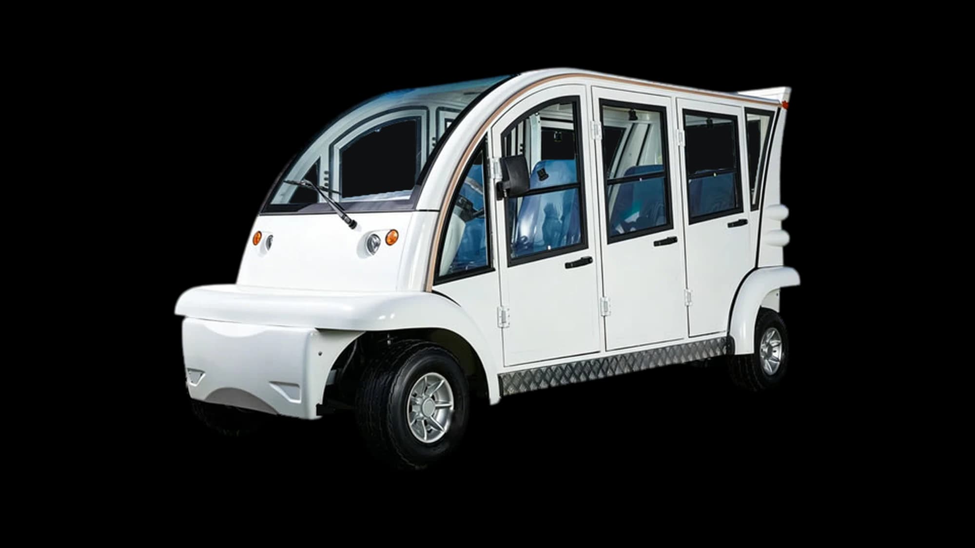 Hawke S6 Patrol Cab 6-passenger enclosed electric patrol cart, front three-quarter view