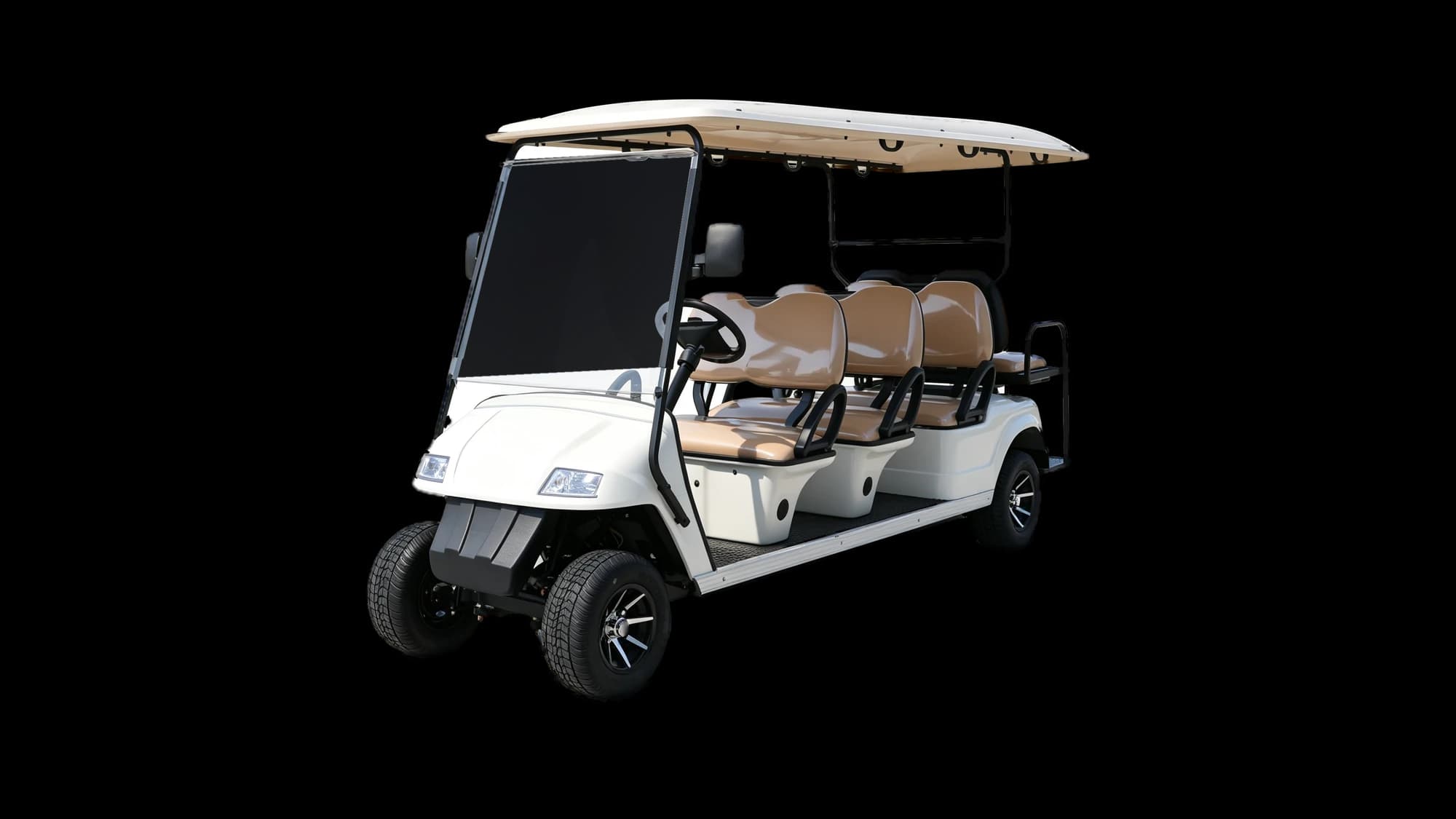Hawke S8 8-passenger electric golf cart, front three-quarter view
