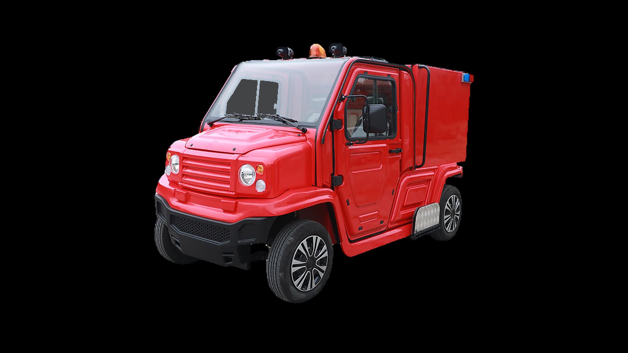 Hawke U2 Rescue electric fire response truck with enclosed body, front three-quarter view