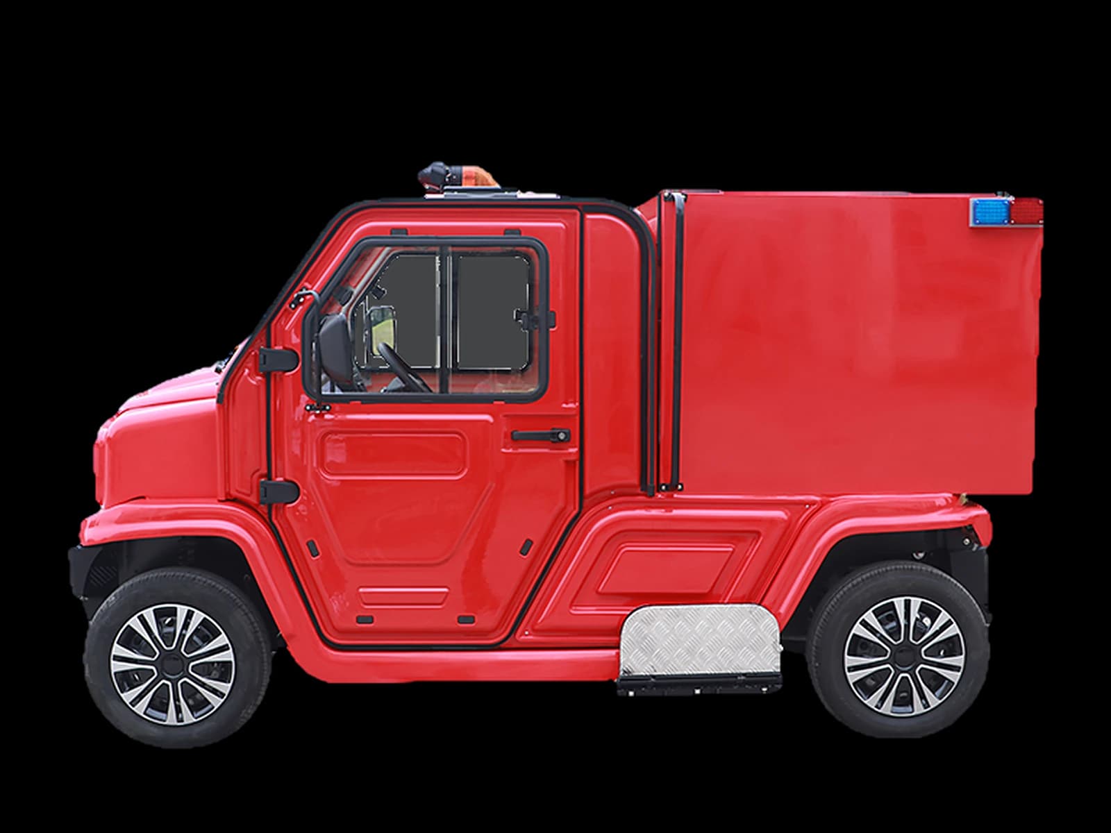 Hawke U2 Rescue electric fire response truck with enclosed body, side view