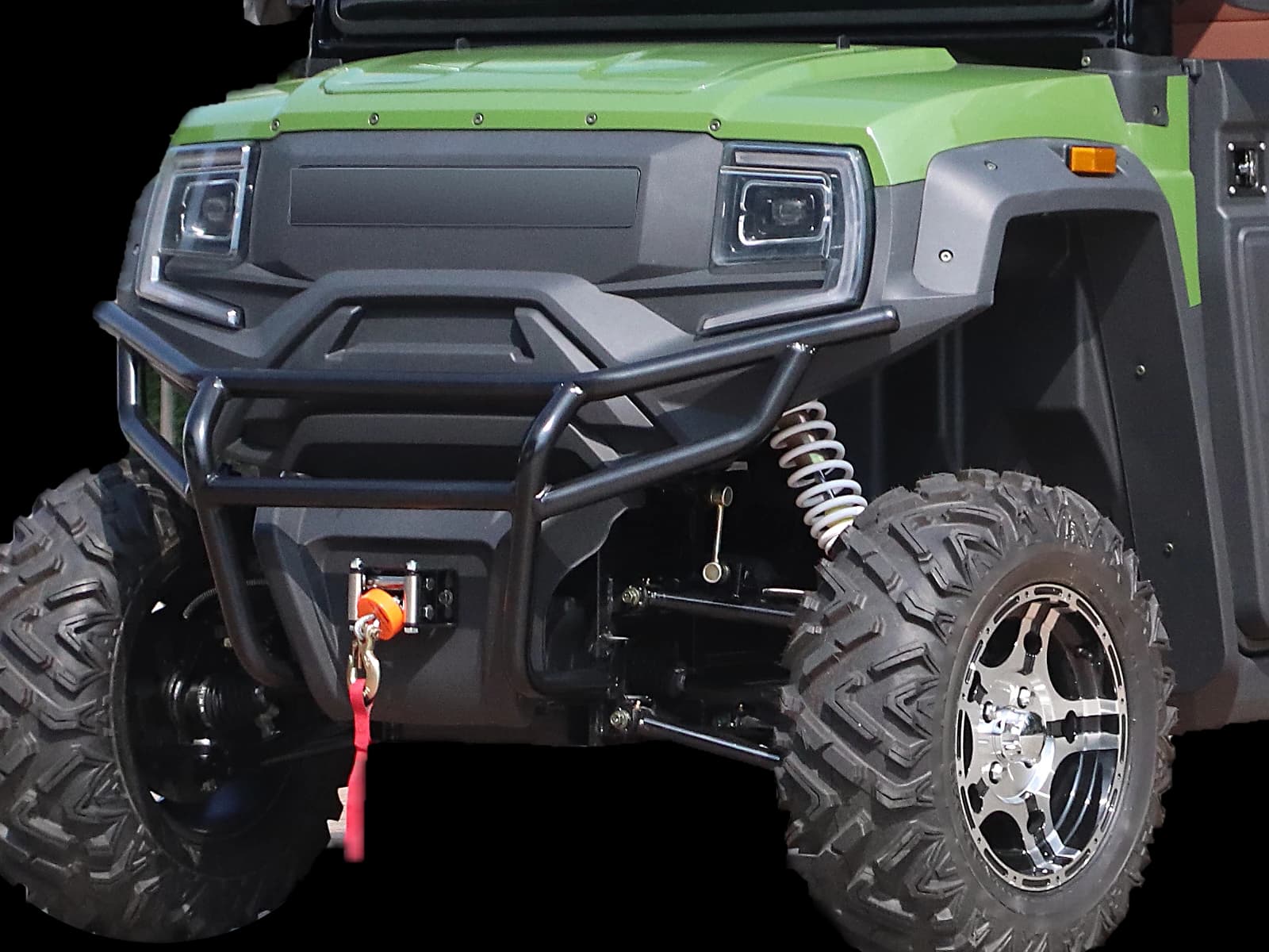 Hawke X2 2-seater 4WD electric UTV, detail of the LED headlamps and front winch