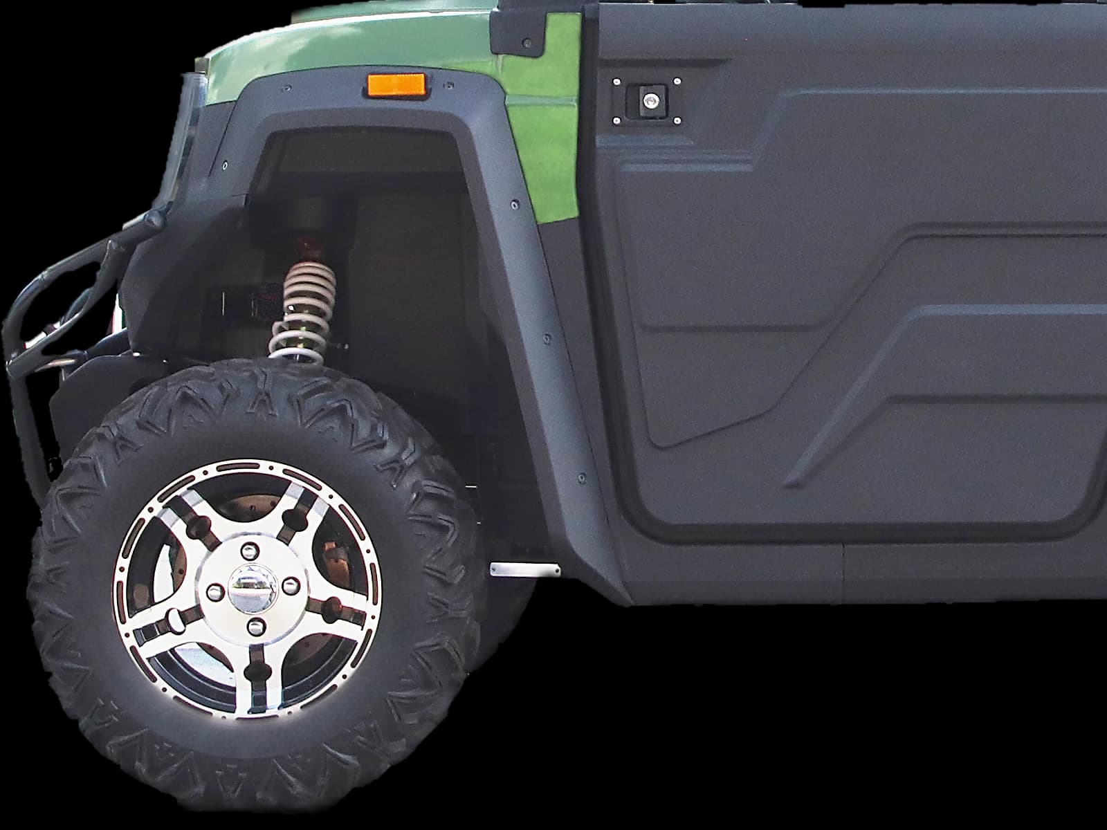 Hawke X2 2-seater 4WD electric UTV, detail of the front suspension and 26 inch all-terrain tyre