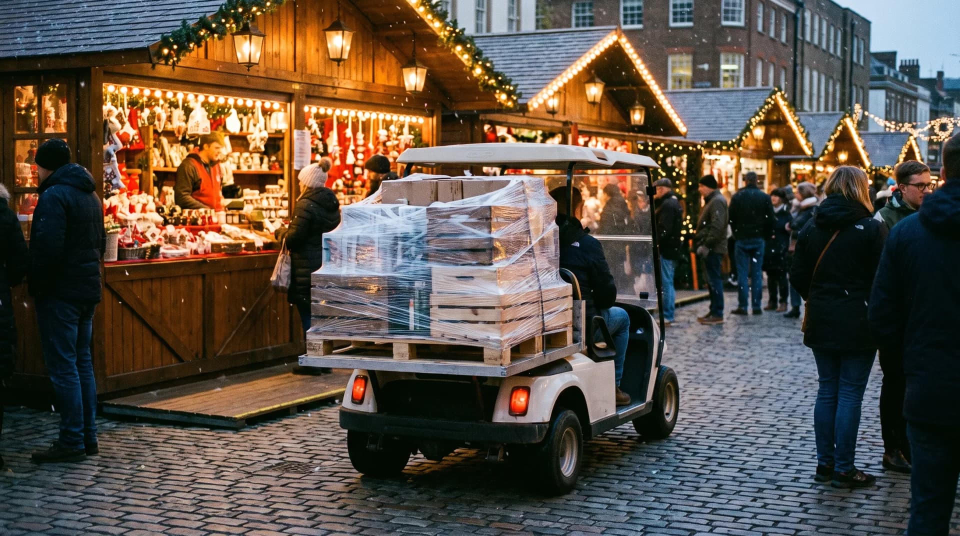 Restocking stalls through a busy market