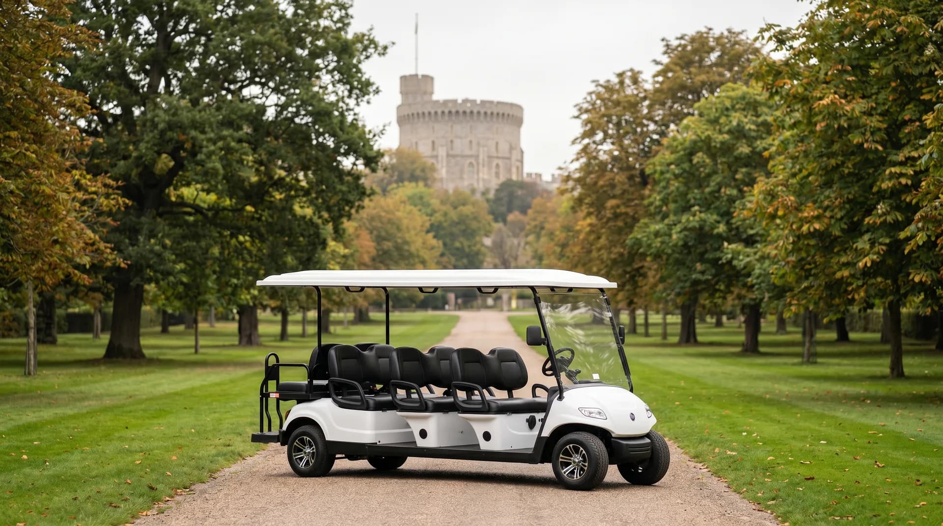 Premium electric passenger buggy on a tree-lined avenue near Windsor Castle