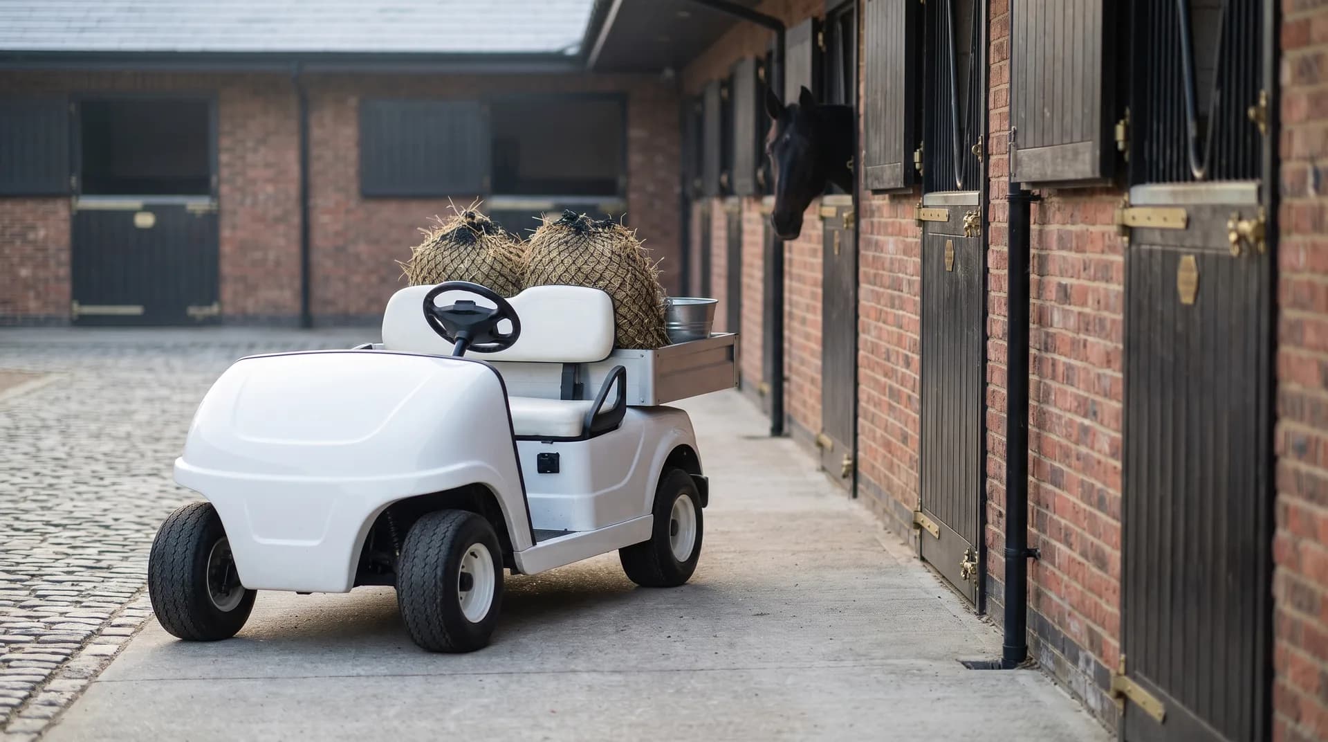 An electric utility vehicle for equestrian yards and stables