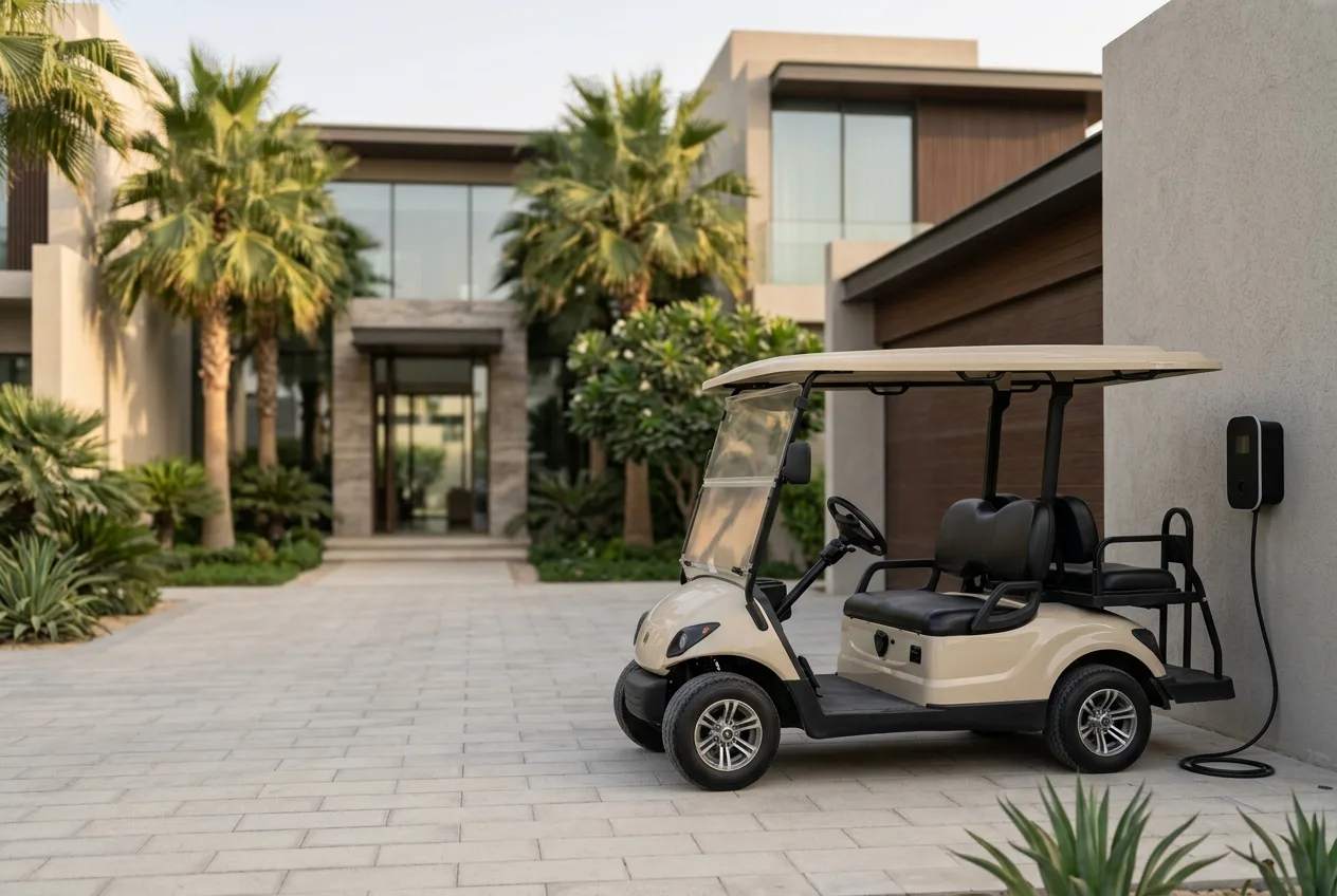 A four-seat electric golf buggy parked neatly on a villa driveway in a UAE community under warm soft daylight