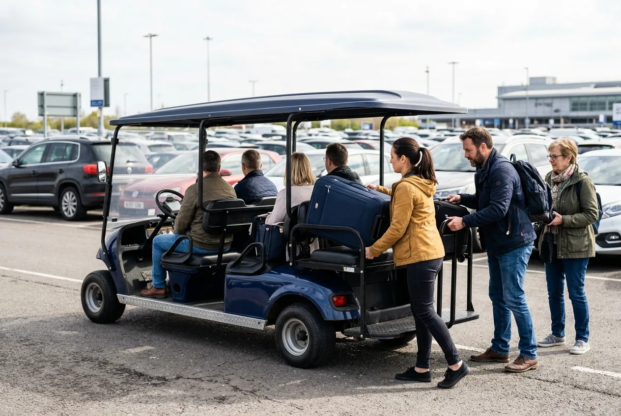 Travellers with suitcases boarding a quiet electric people-mover at an airport kerbside