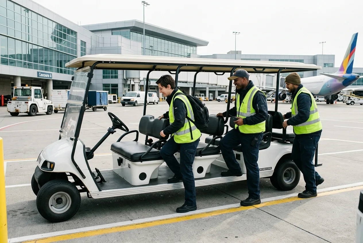 Airline ground crew boarding an electric people-mover beside a terminal building