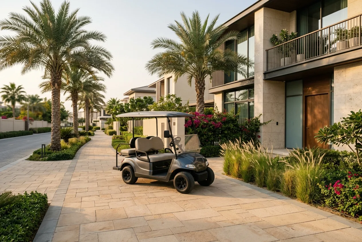 A clean modern electric golf buggy parked on a palm-lined residential driveway in a Dubai gated community