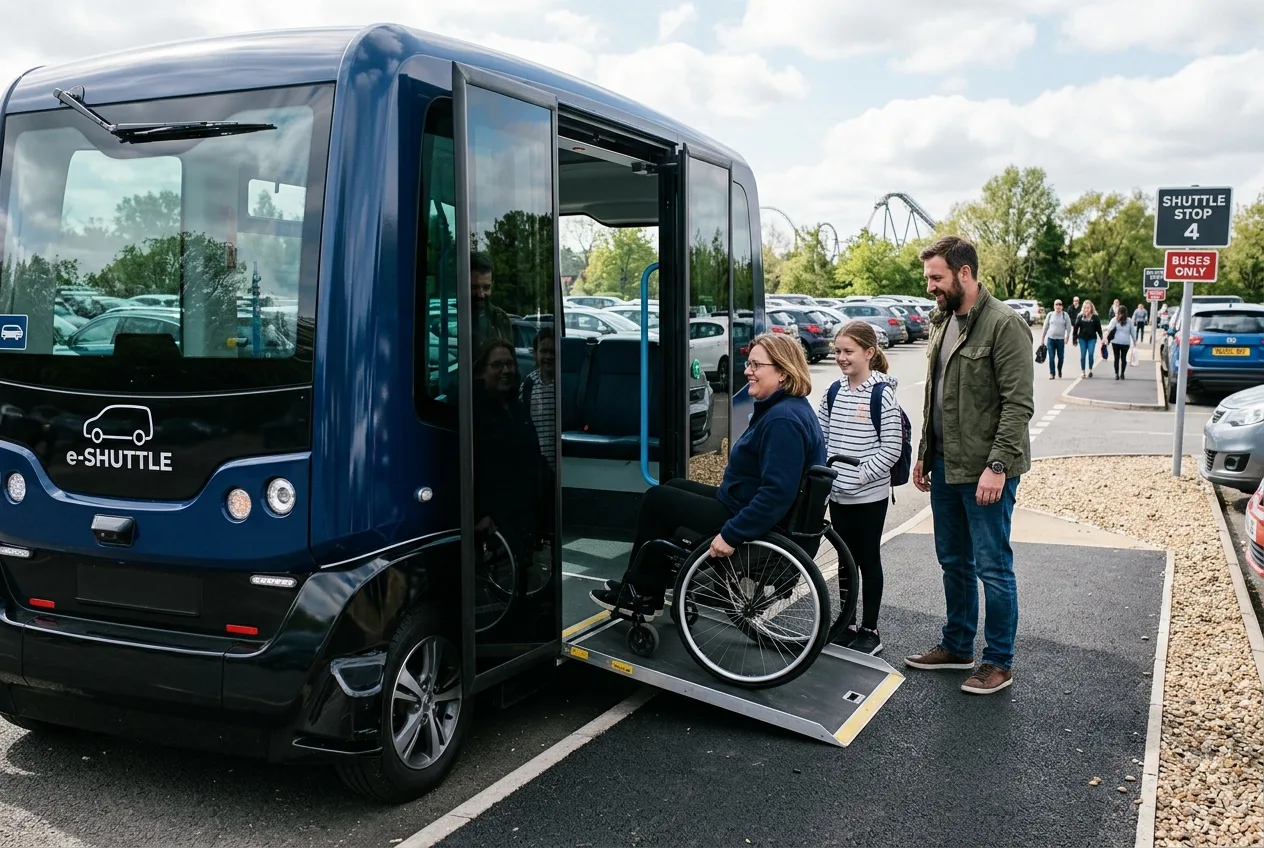 A wheelchair user boarding a step-free electric shuttle by ramp in a theme park car park while their family waits alongside