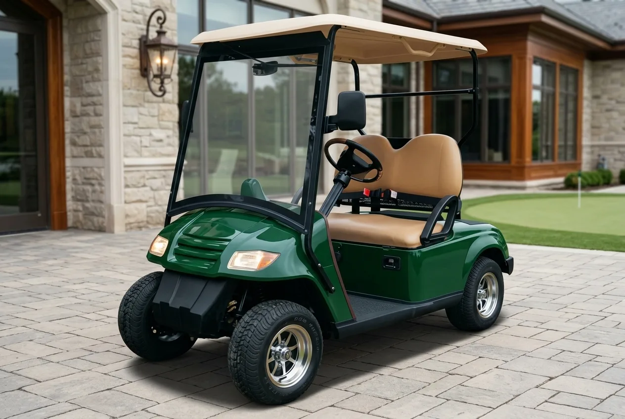 Electric buggy finished in a bespoke deep-green livery outside a clubhouse