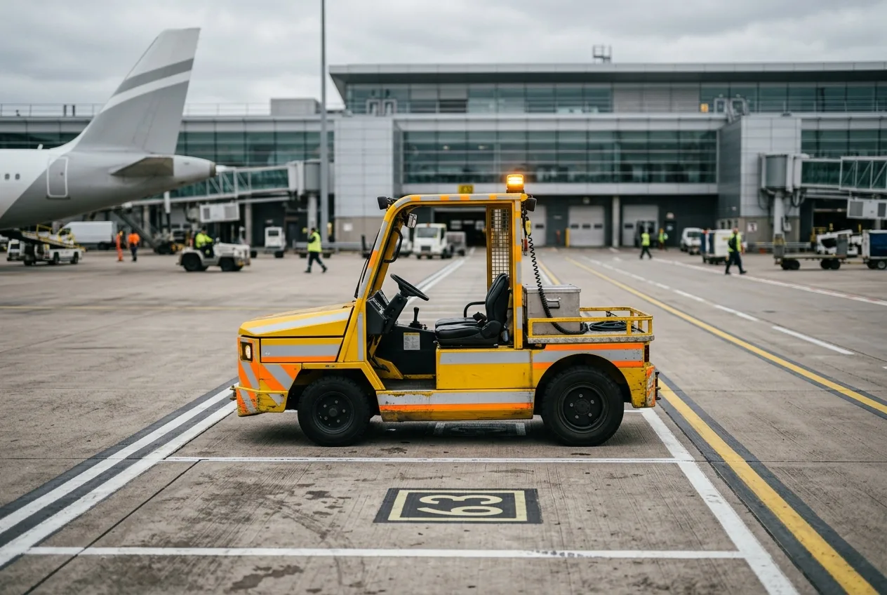 A high-visibility electric utility buggy working on an airport apron near a terminal pier