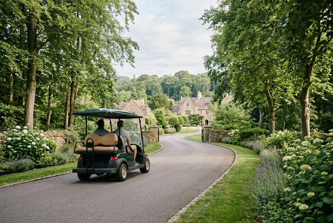 Four seater electric golf buggy on a tree-lined resort path in soft morning light