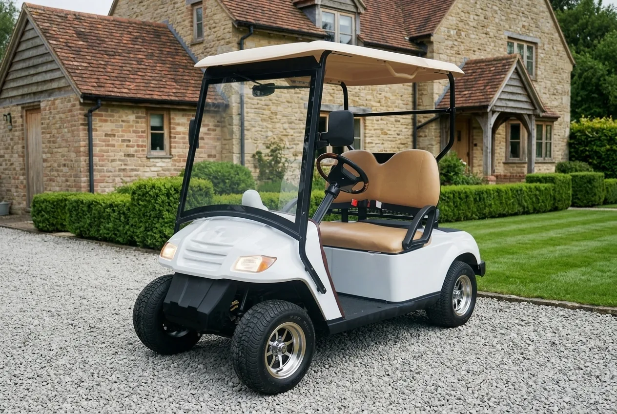 Two seater electric golf buggy with tan seats parked on a country house gravel driveway